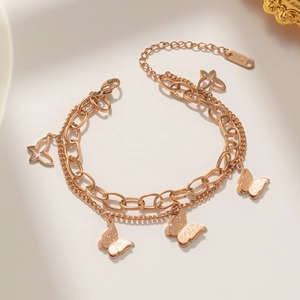 Double-layered rose gold titanium steel bracelet with elegant butterfly pendants