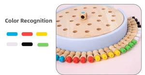 Detail showing wooden memory chess pieces with color recognition markers and round board