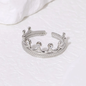 Elegant silver crown-shaped open ring with sparkling white zircons in a minimalist setting