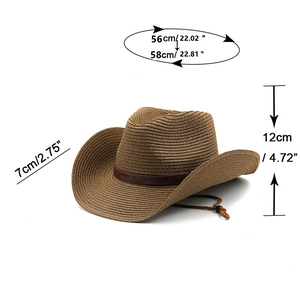 Detailed size specifications for brown straw cowboy hat with dimensions and measurements