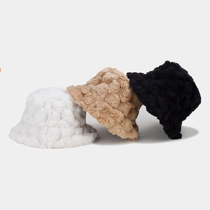 Trio of vintage pineapple texture plush bucket hats in white, khaki, and black colors