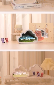 Detailed view of DIY cloud tulip night light in blue and pink with cute bear gift bag