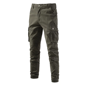 Olive green cargo pants for men with multi-pockets and drawstring cuffs on white background