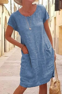 Loose fit light blue cotton linen dress with round neck and large side pockets