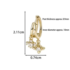 Gold cross earrings with cubic zirconia stones, product dimensions and size detail