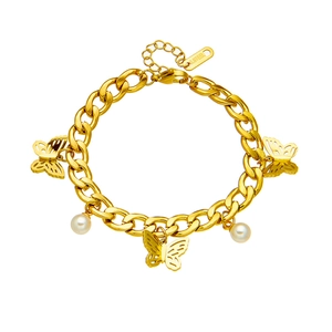 Golden stainless steel chain bracelet with butterfly charms and white pearls on white background