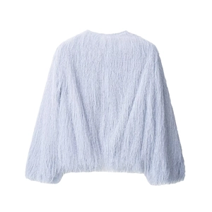 Women's light blue fringe jacket with soft faux fur texture and casual loose silhouette