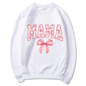 White Mama Est 2025 hoodie with pink bow graphics and MAMA print for Mother's Day