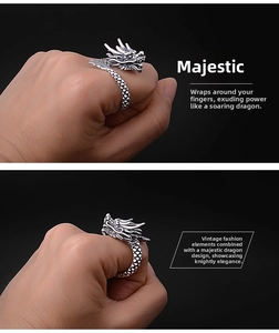 Detailed close-up showing the intricate dragon head and scales on a vintage silver ring