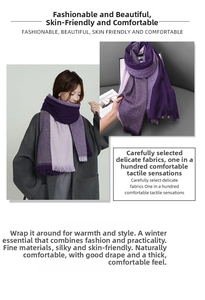 Detail of purple striped cashmere-style scarf showing soft texture and fringe edges