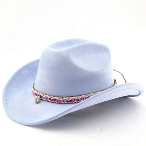 Detail of light blue faux suede western hat with colorful braided band and shell