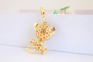 Macro view of gold hollowed leopard keychain with detailed metallic leopard body carving