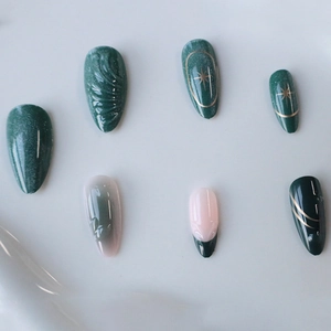 3D Green Cat Eye Long Almond Press-on Nails with Gold Accents and Relief Shell Texture