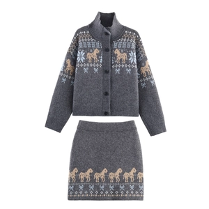 Women Knit Skirt Outfits Retro Horse Snowflake Jacquard Long Sleeve Button Cardigan And Mini Skirt Casual Streetwear