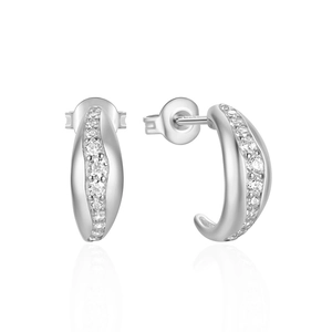 Close-up of silver C-shaped hoop earrings with polished finish and vertical zircon studs