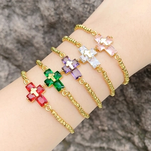 Cross Bolo Bracelet With Copper Genuine Gold Plated Colored Zircon Adjustable Slider Box Chain Jewelry For Women