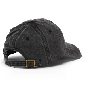 Washed denim baseball cap with 3D embroidery and vintage distressed frayed brim details