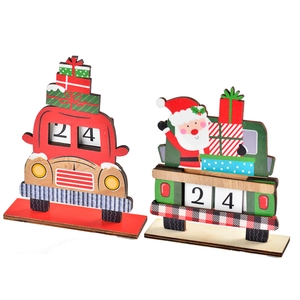 DIY wooden Christmas countdown calendar featuring red and green gift-carrying trucks