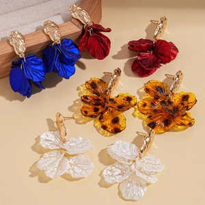 Vintage bohemian acrylic petal tassel earrings in multiple colors with gold accents