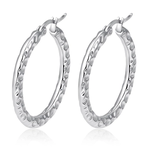 Silver stainless steel hoop earrings with hammered texture and reflective finish