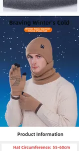 Three-piece winter knit set with beanie hat, neck warmer and gloves for men, size 55-60cm