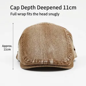 Brown vintage washed cotton flat cap with 11cm depth for a deep fit and full coverage