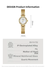 Detail view of BS-FA1752 jewelry watch with crystal bezel and mother of pearl dial