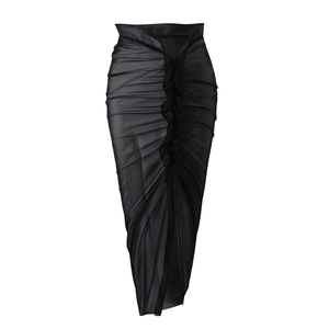 Sheer black mesh midi skirt with elegant ruffle vertical details and transparent texture
