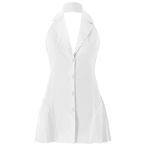 Detailed view of white sleeveless halter dress featuring lapel collar and pleated hemline