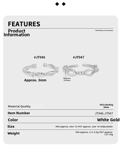 Detailed specs for S925 sterling silver beaded and crisscross rings with size info