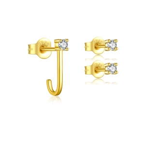 Elegant gold S925 silver earring set with letter J hook and sparkling zircon studs