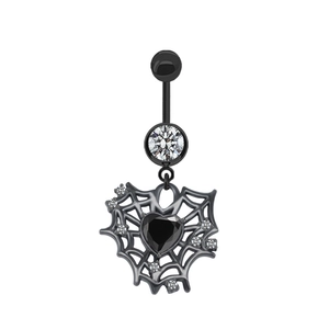 Detail of black spider web belly ring featuring a black heart gem and white crystals