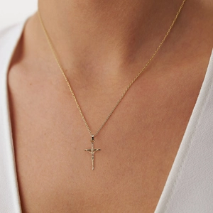 Elegant 14K gold plated sterling silver crucifix necklace with a detailed Jesus pendant