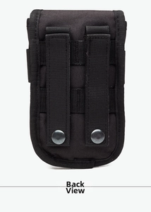 Tactical black nylon waist bag back view showing MOLLE system and snap button straps
