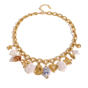 Gold stainless steel necklace with butterfly, heart, and pearl charms on white background