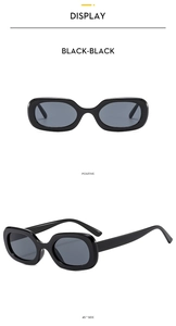 Close-up of retro thick-frame sunglasses in black finish with gray lenses displayed in two views