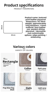 Detailed size chart for 43x30cm faux leather place mats with textile texture print