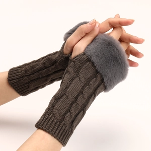 Winter cable knit fingerless gloves with brown yarn and grey faux fur trim for women