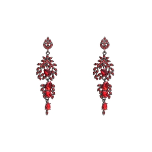 Vintage style drop earrings with red crystals and rhinestone tassels in dark metal base