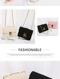 Detail of plush faux lamb wool crossbody bag with gold chain strap and metal lock closure