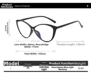 Detailed technical dimension guide for cat eye sunglasses with frame and lens measurements