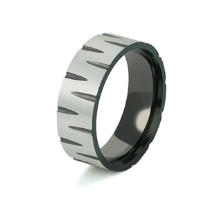 Two-tone brushed silver and black mirror stainless steel ring with serrated texture
