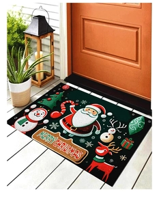 Detail of Christmas doormat with Santa and snowman on a wooden porch entrance