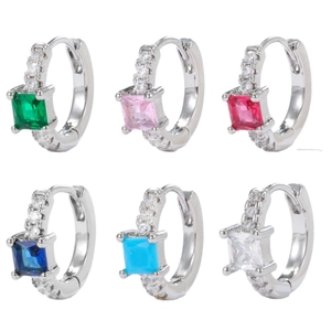 Square zircon earrings set in candy colors with silver finish and small crystal accents