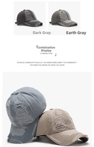Close-up of distressed cotton baseball caps with vintage frayed holes and retro textures