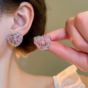 Handcrafted colorful heart bead stud earrings made of sparkling multi-color glass beads
