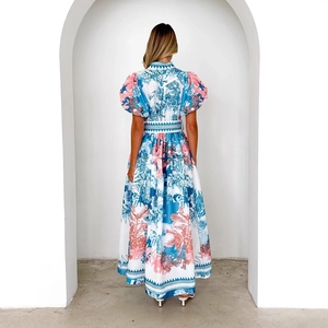 Women's summer floral print maxi dress with puff sleeves and belt in bohemian style