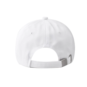 Rear view of white cotton baseball cap showing adjustable silver metal buckle detail