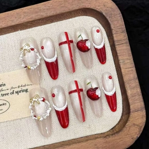 Christmas Press On Nails 3D Relief Cherry Flower Wreath Long Almond Cat Eye French Style Artificial False Nails For Women
