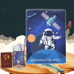Space themed passport holder with astronauts and stars on dark blue background